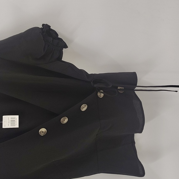 Love J Black Wrap Blouse With Button Detail Size Large Puff Short Sleeve - Picture 3 of 10